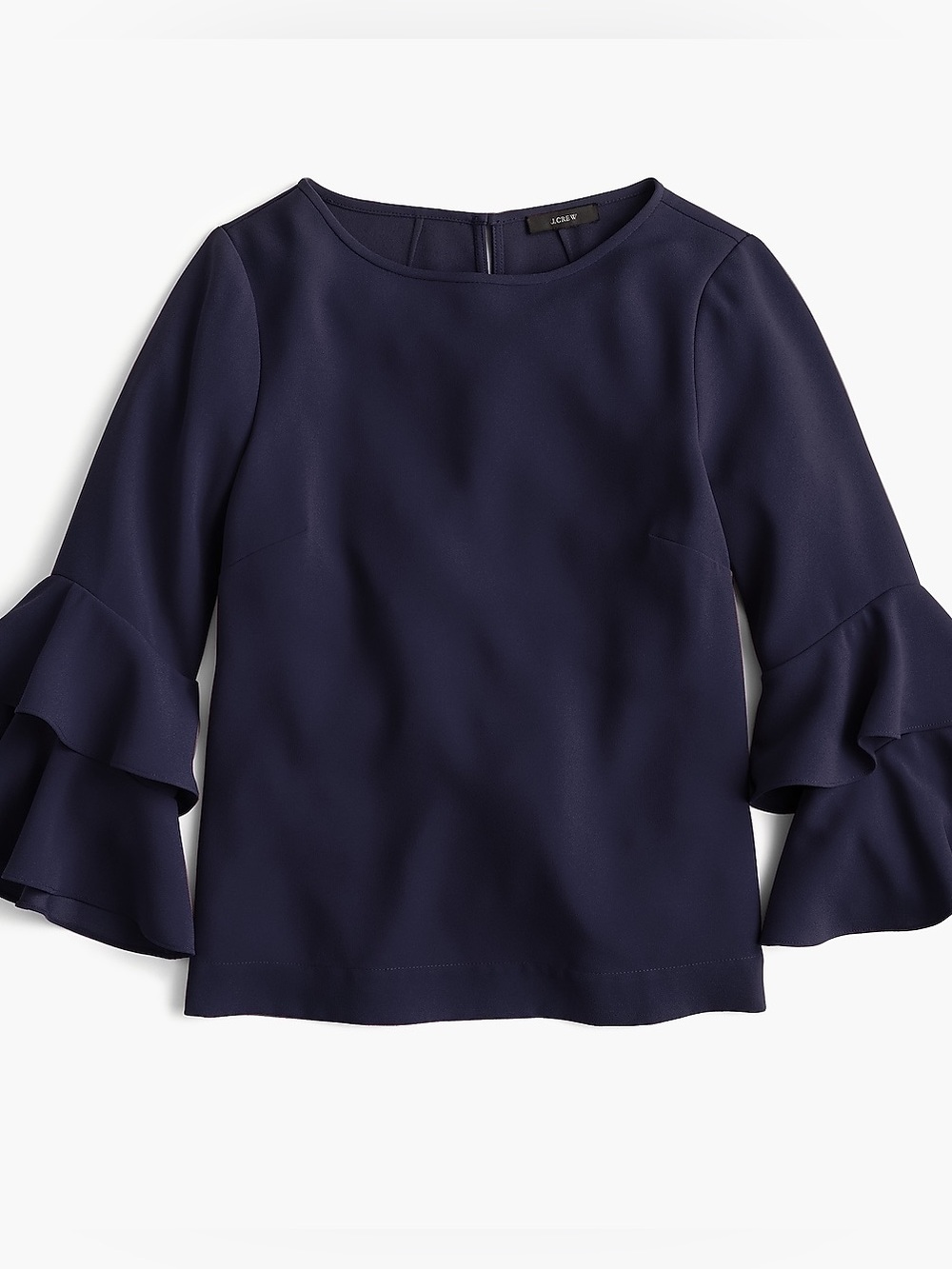 J. Crew Navy Tiered Bell Sleeve Top in Drapey Crepe